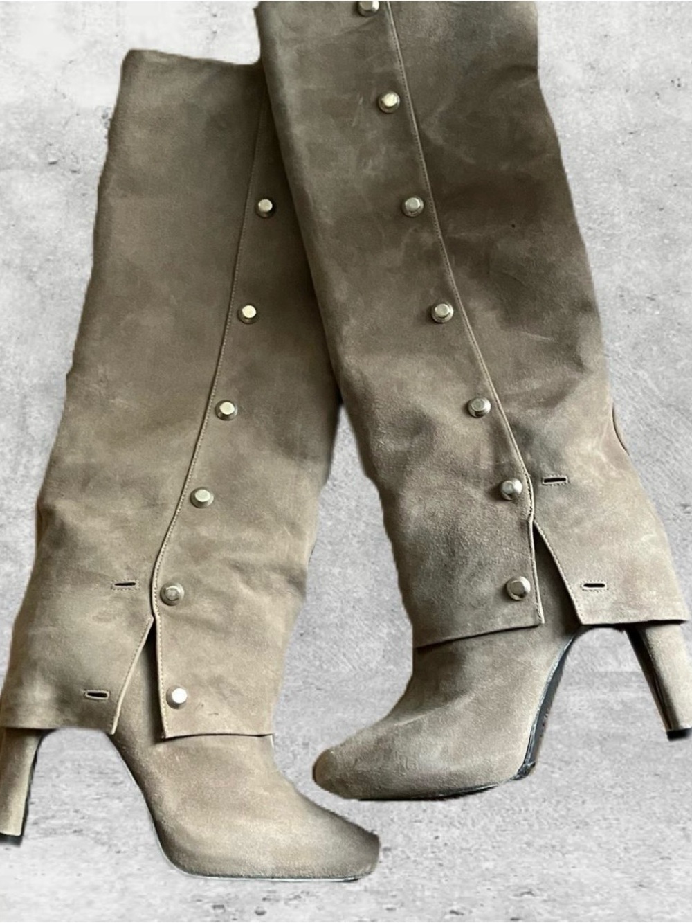 Stuart Weitzman Fold Over Suede Button-Detail Boots in Gray Taupe